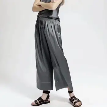 

2020 Early Autumn Women's Silk Ankle-Length Wide Leg Pants Loose Casual High Waist Elastic Waist Trouser