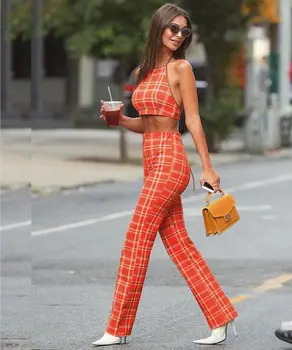 

Summer Women Plaid Outfits Halterneck Tops Tee and Long Pants Set Fashion Two Pieces Set Tracksuits For Women