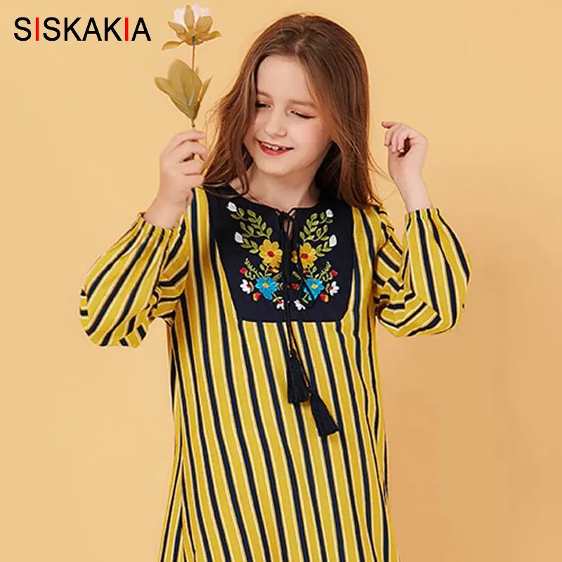 Siskakia/семейный образ; Макси-платья для мамы и дочки; повседневное длинное платье с вышивкой в этническом стиле для мамы и дочки; Новинка; желтое платье в полоску