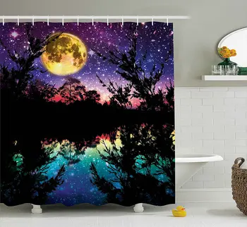 

Fabric Shower Curtain Nature Artwork Decor Lake At Moon Light Reflection And Bath Trees Sky Contemporary Water Curtain Stars