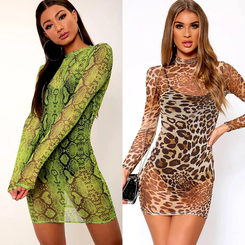 Сексуальная Женская змеиная печать Леопардовый принт Bodycon Прозрачная сетка прозрачная Высокая Водолазка с длинным рукавом Вечерние Клубные мини-платье, сарафан