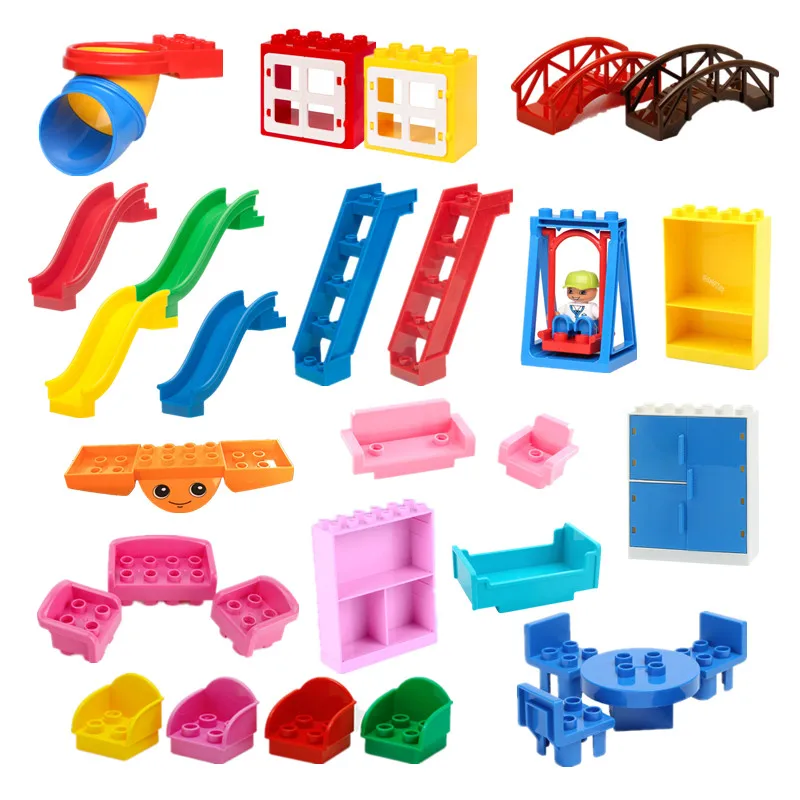 

Large Building Blocks Parts Sofa Table Chair Bed Slide Ladder Swing Dolls Baseplate Compatible with Duploed Bricks