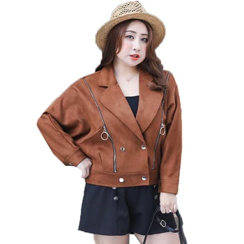 

Women Leather Jacket Suede Coat Short Oversized Code XL 4XLFashion Jacket Wild Tops Outerwear 2019 New Motorcycle Clothing A1113