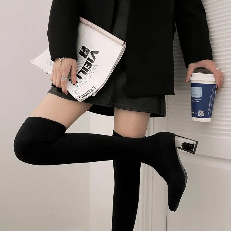 

2020 Winter Women Boots Sock Over Knee Boots Pointed Toe High Heels Shoes Brand Designers Sock Shoes Stretch Fabric Knitting