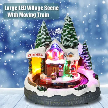 

Miniature Resin Christmas Village Houses Lighted Animated Christmas Village Scene with Church and Train Station and Colorful Led