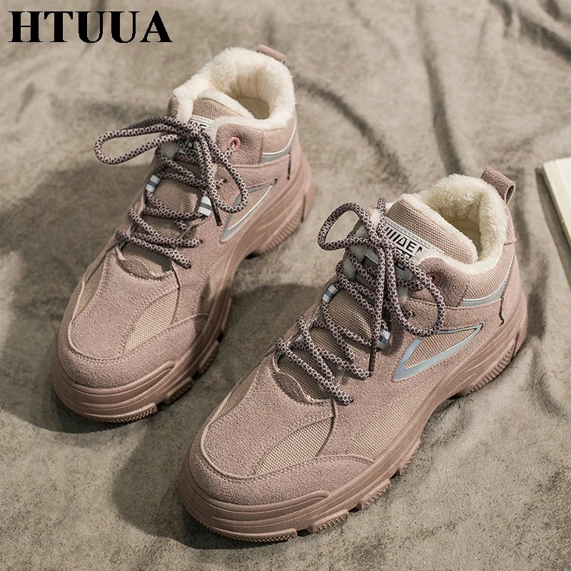 

HTUUA Warm Fur Plush Winter Shoes Women Short Boots Lace-Up Casual Chunky Sneakers Platform Cotton Shoes Woman Flats SX3554