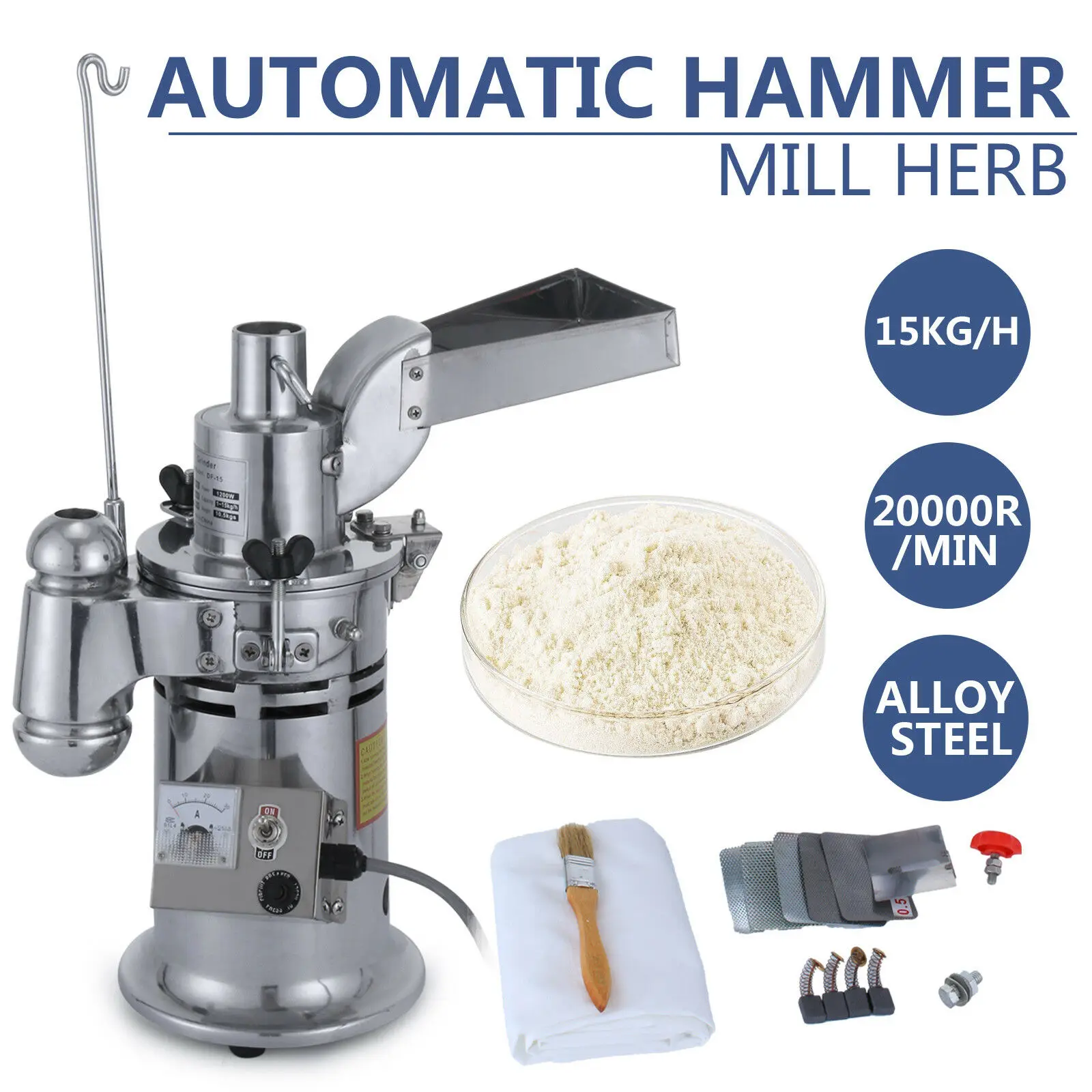

DF-15 Electric Hammer Mill Herb Grain Grinder Pulverizer Powder Machine 15KG/H