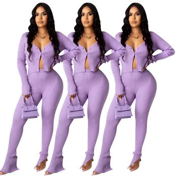 

Women Two piece Set High quality Solid Color Long sleeve Casual crop top pants slit leggings Matching set Wholesale Dropshpping