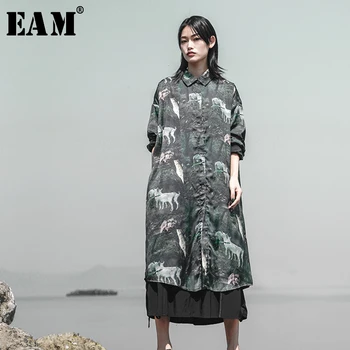 

[EAM] 2020 New Spring Autumn Lapel Long Sleeve Green Pattern Printed Loose Long Big Size Shirt Women Blouse Fashion Tide JT002