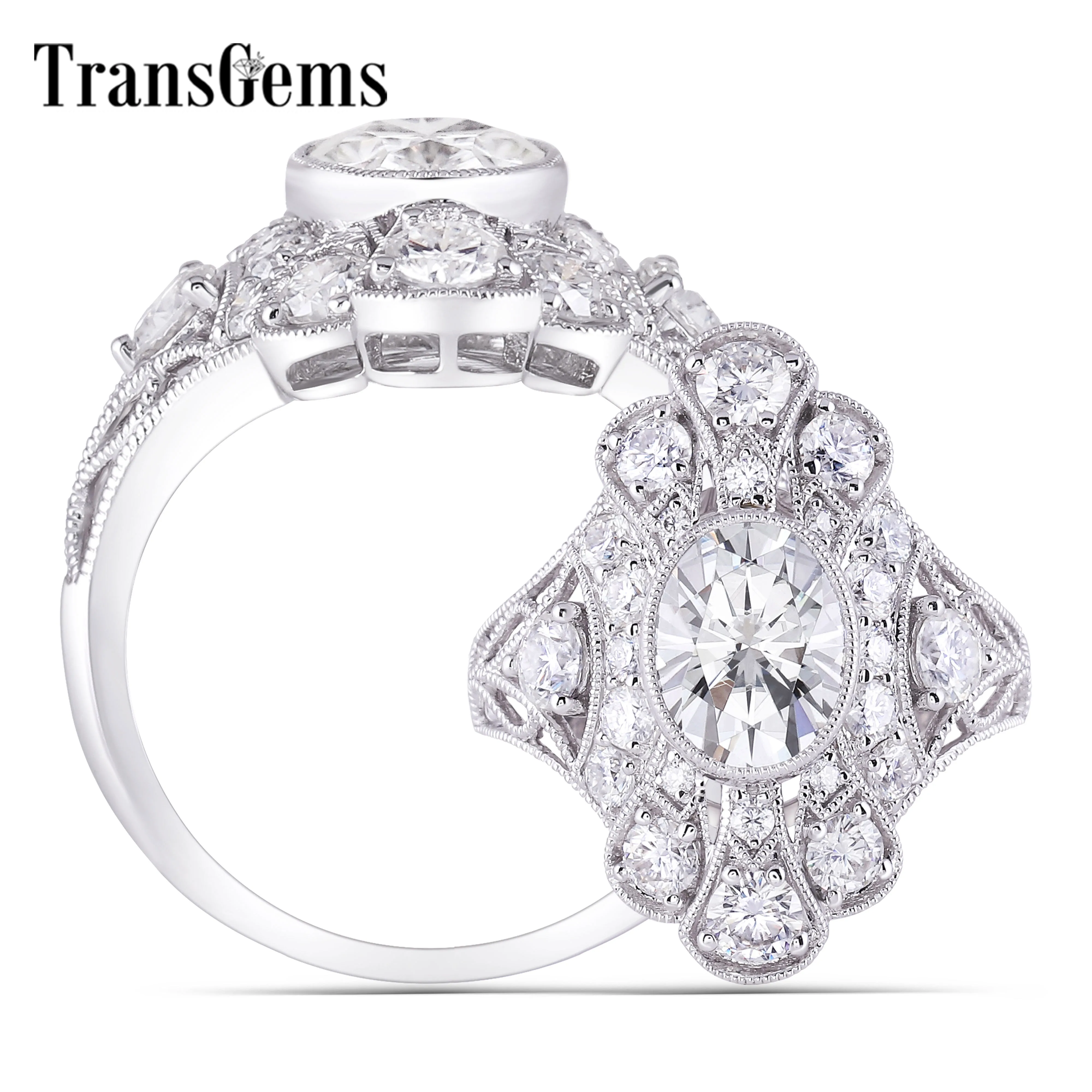 TransGems 14K 585 Белое золото Винтажное кольцо центр 7*9 мм 2ct овальное искусственное