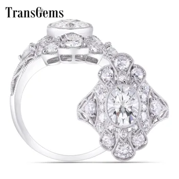 

TransGems 14K 585 White Gold Vintage Ring Center 7*9mm 2ct Oval GH Color Moissanite Engagement Rings with Accents for Women