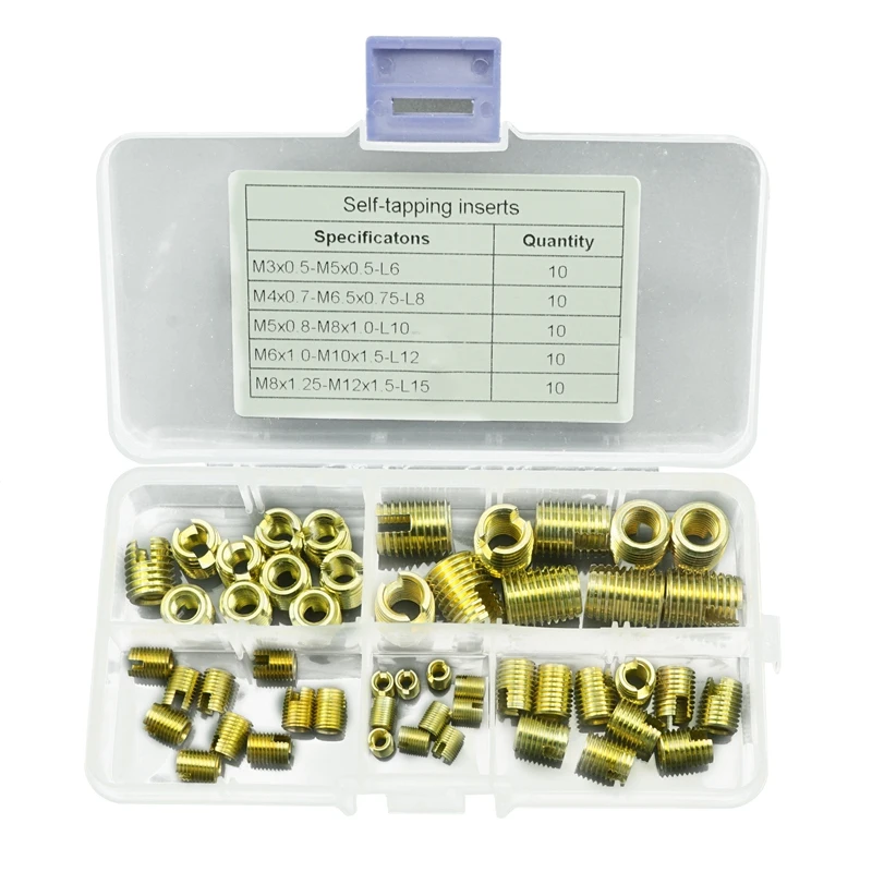 Insert-50Pcs резьбы, латунный тон, саморезы, щелевые вставки, комбинированный набор, инструмент для ремонта резьбы