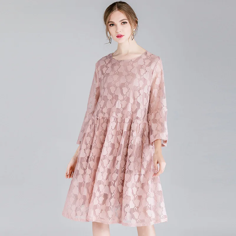 pink 3 цвета осеннее женское свободное открытое кружевное платье трапециевидной формы с вышивкой в форме сердца Размер gray серый розовый синий сзади с бантом - Цвет: pink