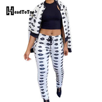 

Lips Print Spring Long Sleeve Zipper Jacket Tops & Pockets Design Drawstring Skinny Pants Set Casual 2 Piece Outfits for Women