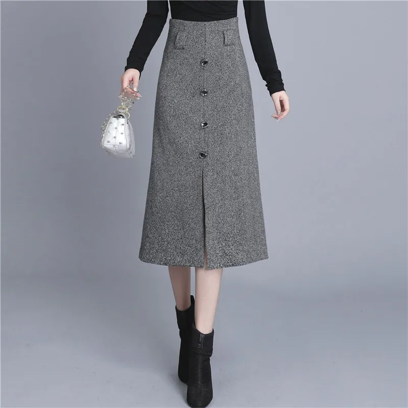 Модная новинка, зимняя Женская Длинная шерстяная юбка, модная базовая шерстяная юбка с высокой талией, Женские повседневные плотные теплые эластичные прямые юбки