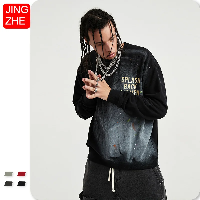 

JING ZHE Retro Sweatshirts Man Hoodies High Street Hoodie Splash Ink O-Neck Gradient Hoody Pullover Autumn Winter Lazy Sudaderas