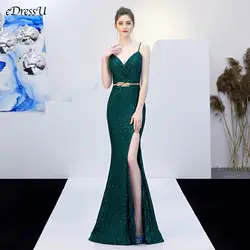 Сексуальное вечернее платье с разрезом Зеленые Блестки Русалка Vestido de Fiesta Элегантное Длинное платье спагетти вечернее платье для