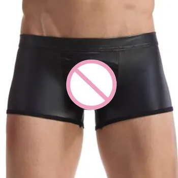 

Mens Sexy Underwear Imitation Leather Rings Lacquer Plain Pants Ondergoed Solid Color Tight Sexy Underpants Ropa Interior Hombre