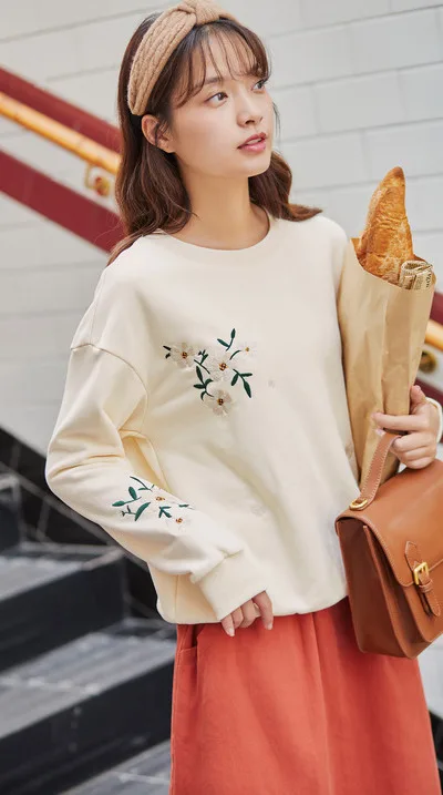 INMAN 2020 Autumn Winter New Arrival Skirt High Waist Pure Cotton Embroidered Elastic Waist Solid Color Temperament Skirt