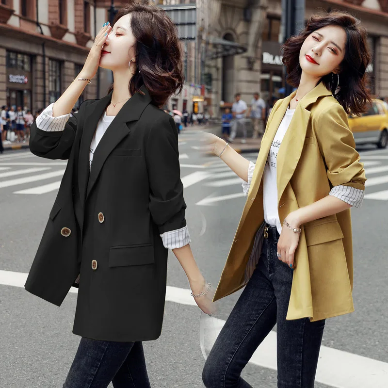 

2019 Autumn New Style Loose-Fit Mid-length Long Sleeve Double Breasted Contrast Color Joint Small Suit Coat Women's Casual