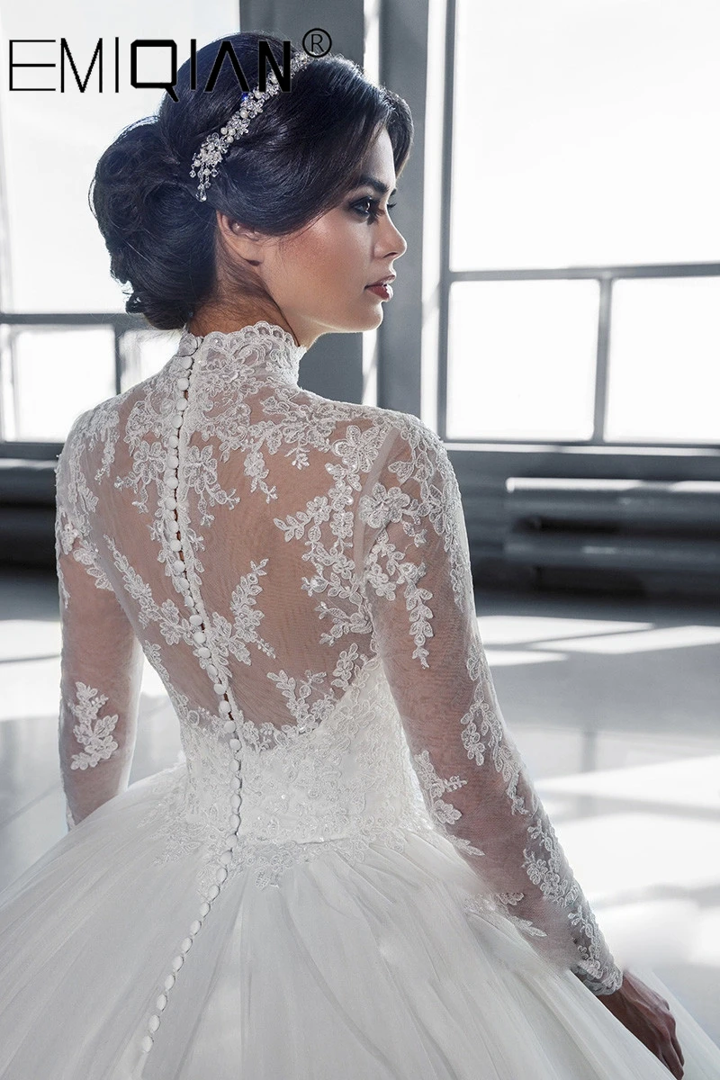 Vestido De Noiva свадебное платье с длинным рукавом и высокой горловиной на спине, кружевное бальное платье, свадебные платья, robe de mariage, новинка
