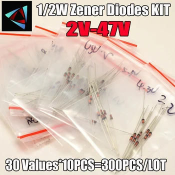

(2V0-47V) 300 Pcs 30 Values 1/2W 0.5W Zener Diode Assorted kit Assortment Set New
