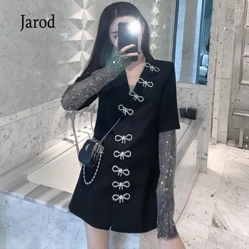 

2020 New Autumn Solid Blazer For Women Long Sleeve Diamond Patchwork Bowknot Long Elegant Coat Female Fashion women Clothing