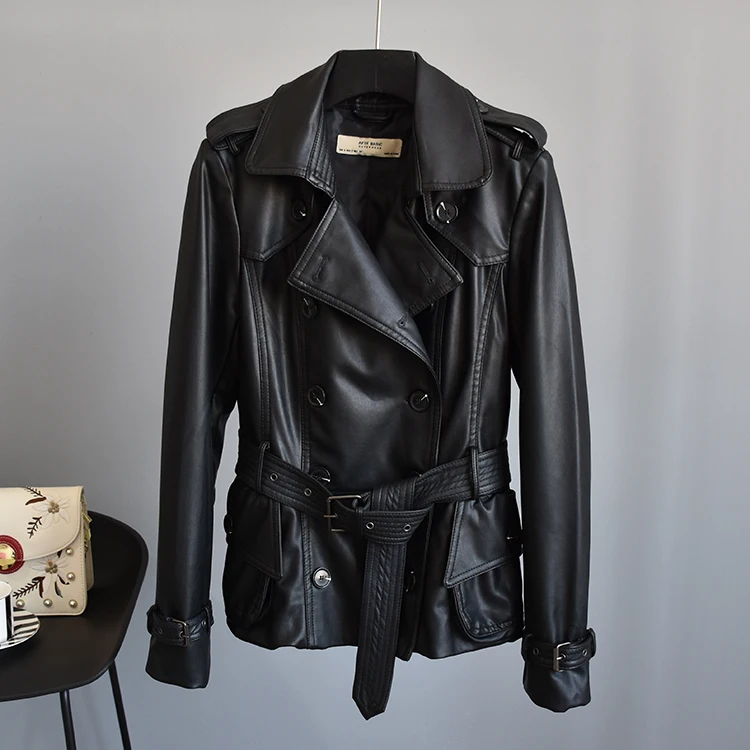 Autumn New Suit Collar Double-breasted Slim Pu Leather Jacket with Belt Women Fashion Washed PU Leather Trench Coat