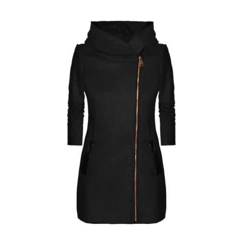 Зимняя Женская водолазка на молнии плюс размер пальто Новая повседневная теплая утепленная бархатная куртка с капюшоном тренчсм - Цвет: Черный
