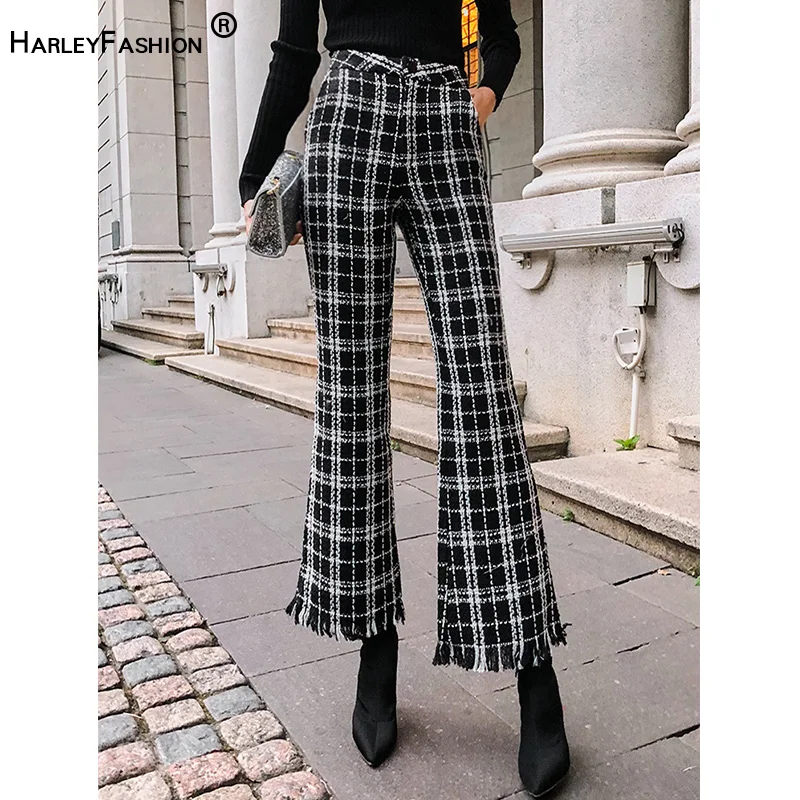 HarleyFashion/осенний дизайн, универсальные, классические, уличные, твидовый в клетку, брюки, модные расклешенные брюки, качественные штаны с кисточками