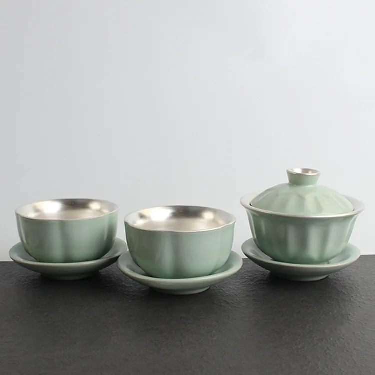 Fine Silver shou gong yin Cup Tureen Pot a Pot of Two Cup Ceramic Travel Kung Fu Tea Set