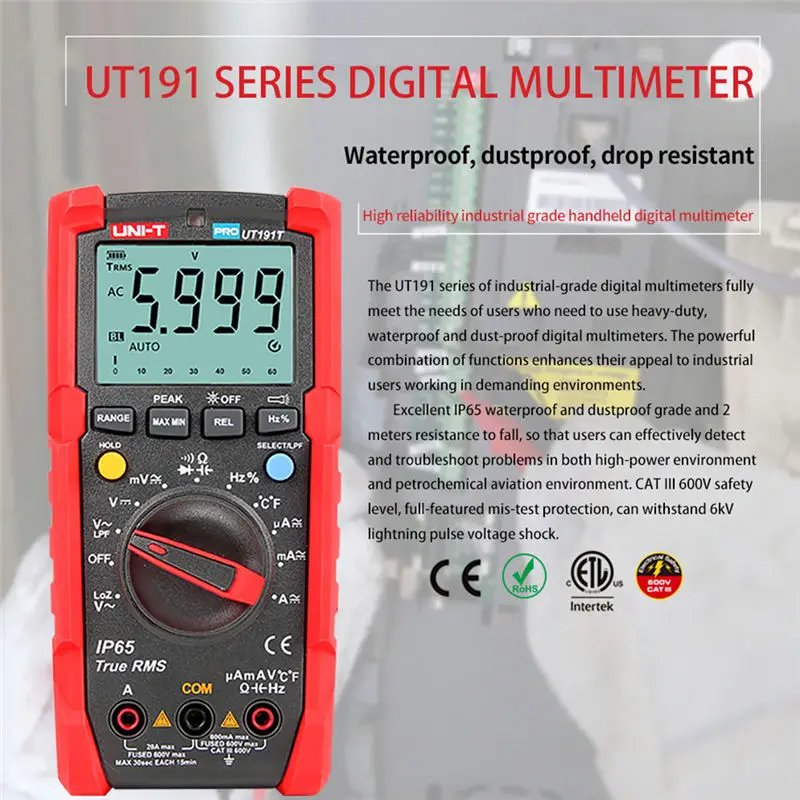 UNI-T UT191E/T цифровой мультиметр True RMS AC DC Напряжение Ампер Ом метр IP65 Водонепроницаемый/пылезащитный ACV LPF/LoZ ACV термометр