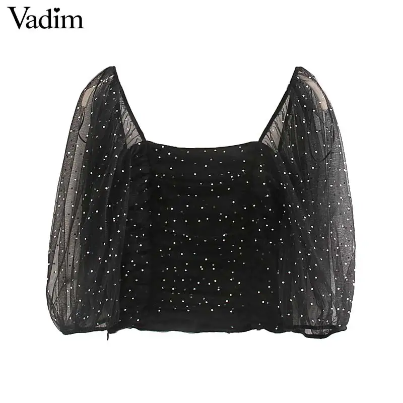 Vadim, сексуальный блестящий сетчатый укороченный топ, прозрачный лоскутный короткий рукав, квадратный воротник, черная короткая блузка, шикарные вечерние Клубные Топы DA629