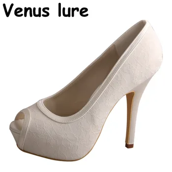 

Size 6 Off white Lace High Heels Open Toe Ladies Shoes Wedding 12CM