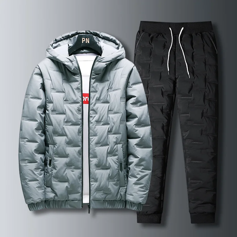 

Winter Jacket Pants Sets Men Hooded Coat Sports Suit 2023 Male Tracksuit Two Piece Cotton-padded Parkas Trousers Set MY675