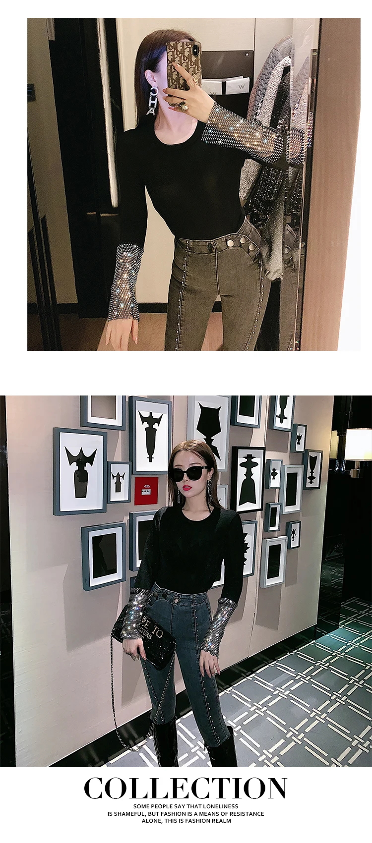 Blingbling Diamond Faux из двух частей, Женский пуловер с круглым вырезом, топ, сплошной цвет, подходит ко всему, длинный рукав, тонкая черная Базовая футболка