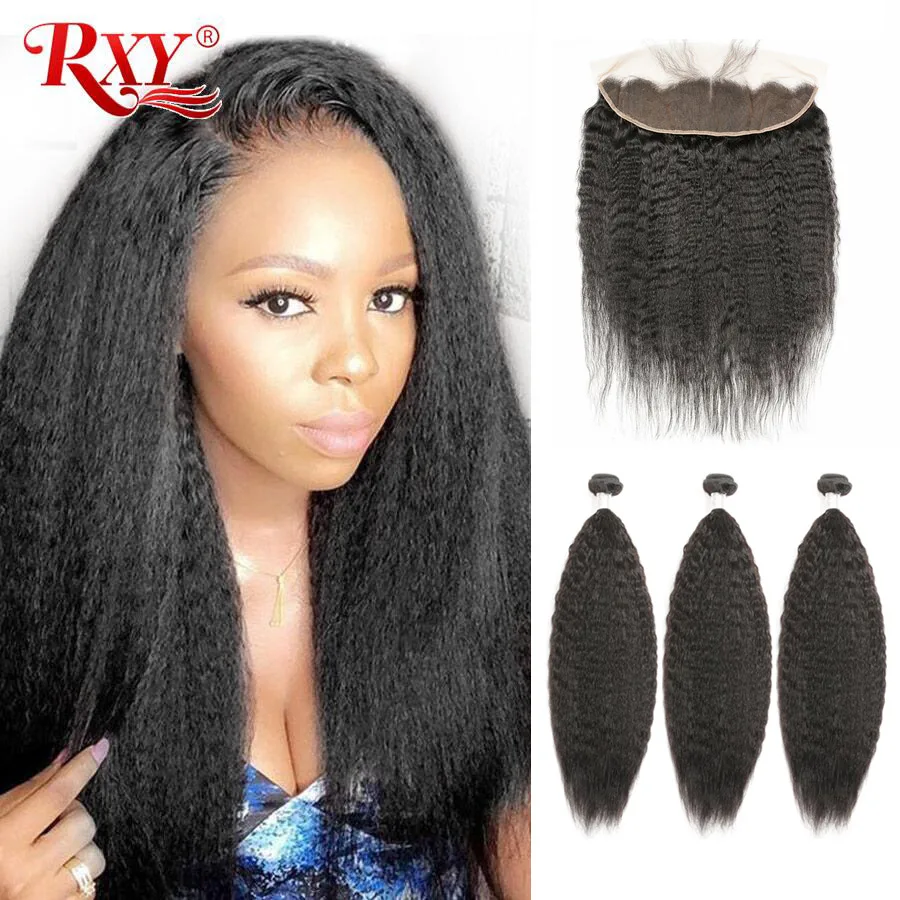 New Hair-Weave-Bundles Frontal Kinky Straight Closure Remy-Hair Brazilian RXY  znKBo9bK