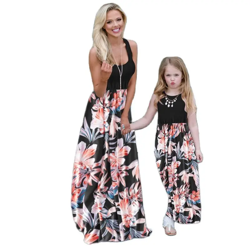 Платье для мамы и дочки лоскутное платье без рукавов с цветочным принтом длинное