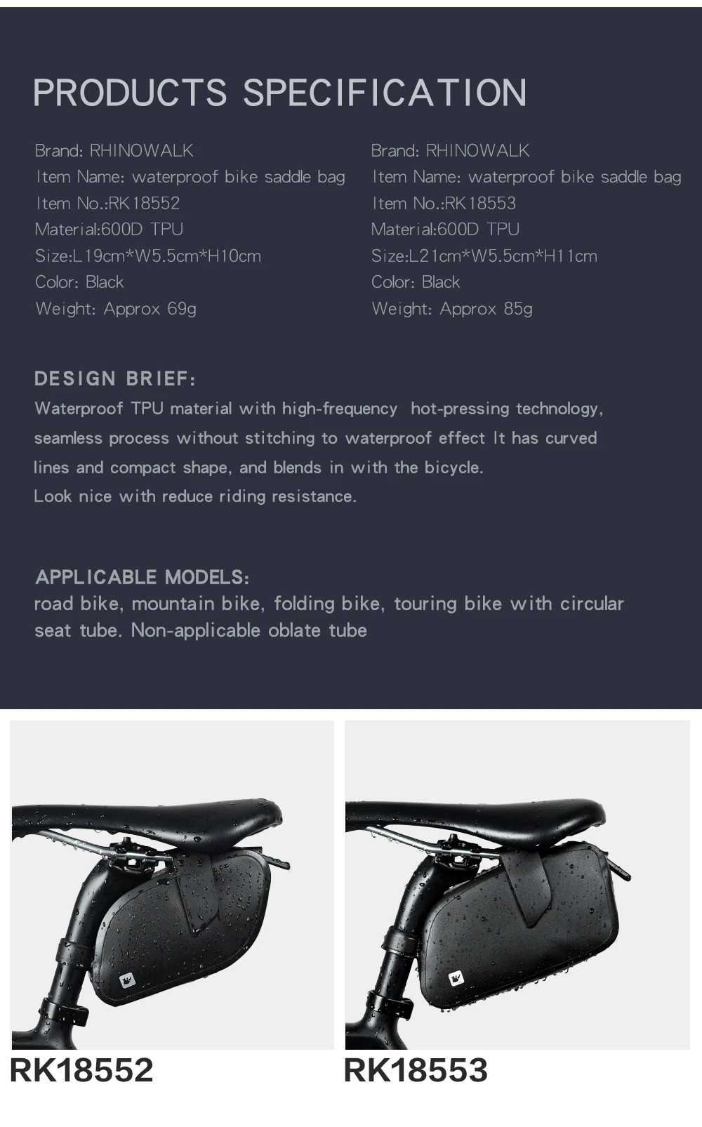 Rhinowalk Bicycle Saddle Bag Waterproof MTB Bike Rear Bag Bicycle Tools Inner Tube Storage Bag Cycling Rear Seat Tail Large Bag  (6)