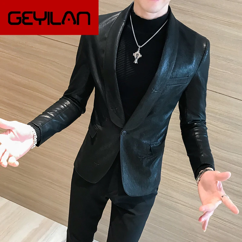 

Korean Suit Coat Solid Black Slim Fit Blazer Hombre PU Leather Jacket Men One Button Business Casual Prom Blazers For Men