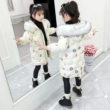 

Girls Winter Jacket Kids Warm Clothes Thick Coats Children Letter Print Down Coat Teenage Parkas Fur Hooded Outerwear
