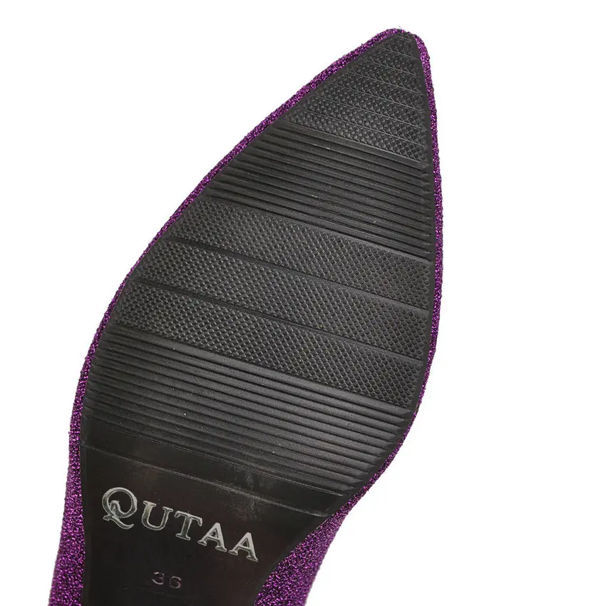 QUTAA/ г. Модные леопардовые ботфорты из эластичной ткани зимняя пикантная женская обувь на высоком квадратном каблуке без застежки размеры 34-43