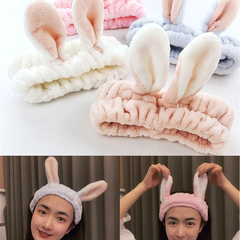 

Bunny Ears Makeup Headband For Ladies Face Wash Makeup Mask Soft Plush Elastic Hairband Ties Headdress Hair Accessories