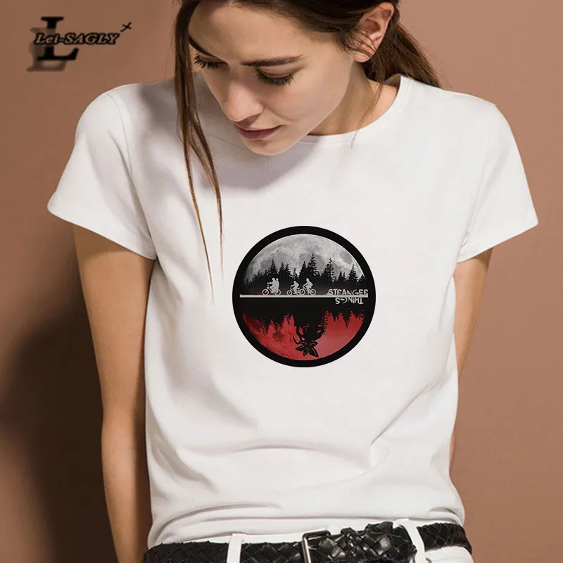 

Lei SAGLY Upside Down World T Shirt For Women Stranger Things TV Show Tees Femme White Casual Streetwear T-shirts Vintage Tees