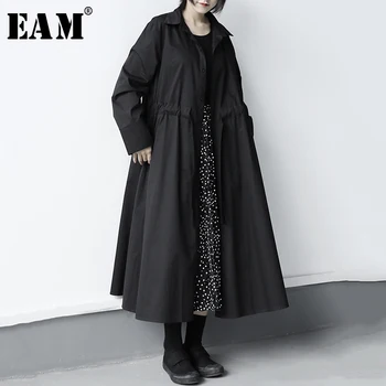 

[EAM] Women Black Brief Pleated Big Size Long Trench New Lapel Long Sleeve Loose Fit Windbreaker Fashion Tide Spring 2020 1X317