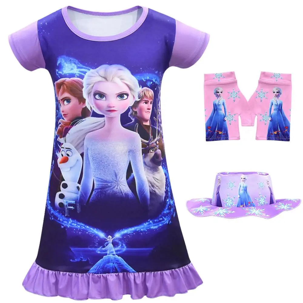 Violet3pcs С изображением Анны и Эльзы 2 Хэллоуин Спортивная одежда Карнавальный костюм для девочек, повседневная одежда футболка для девочек Повседневная Спортивная юбка шляпа Перчатки платье для дня рождения на шнуровке - Цвет: Violet3pcs