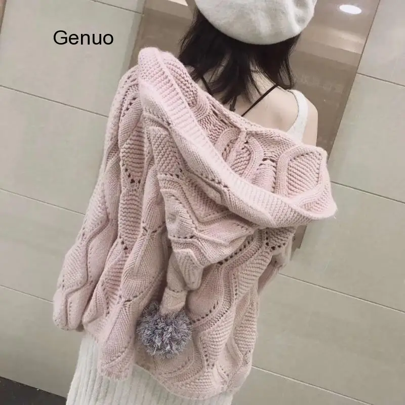 

New Loose Hooded Hair Ball Knit Cardigan 2020 Autumn Winter Women Sweater Open Stitch Hollow-out Top Pull Jumpers