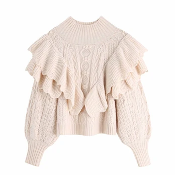 

Turtleneck Sweater Women Pullover Knitted Vintage Sweater Ladies Korean Soft Warm Sweaters Lantern Sleeve Ruffle Sweater 2020