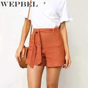 

WEPBEL Women Shorts Summer Casual High Waist Cotton Linen Shorts Beach with Sashes