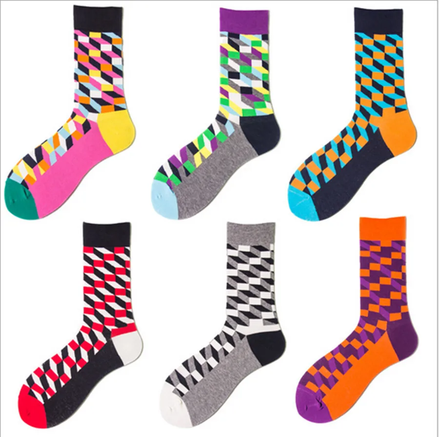 

Men's and women's knitted happy tide socks personality contrast color gradient grid color high and high tube cotton socks